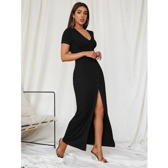 Black Rib Knit Button Down Short Sleeve Long Dress - Picture 3 of 7